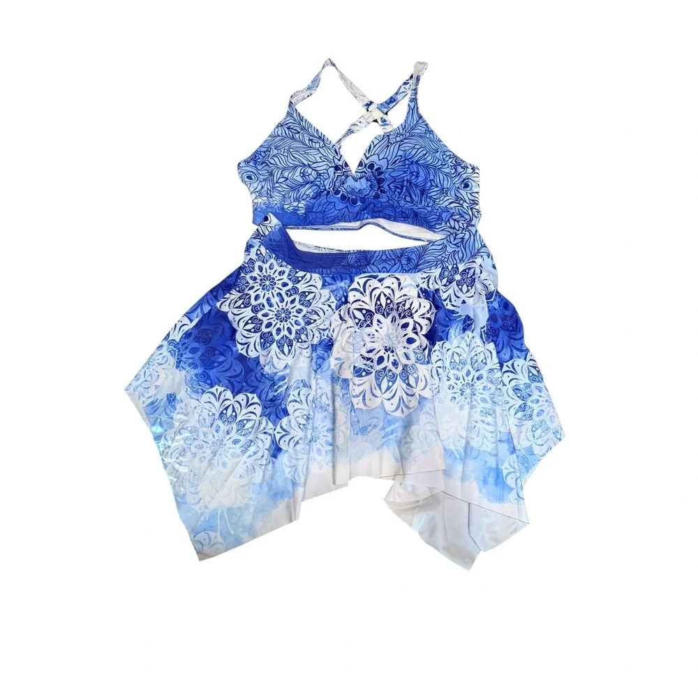 Rosegal Blue Mandala 3 Piece Swimsuit Set 1X Bikini Top High Waist Skirt fairy